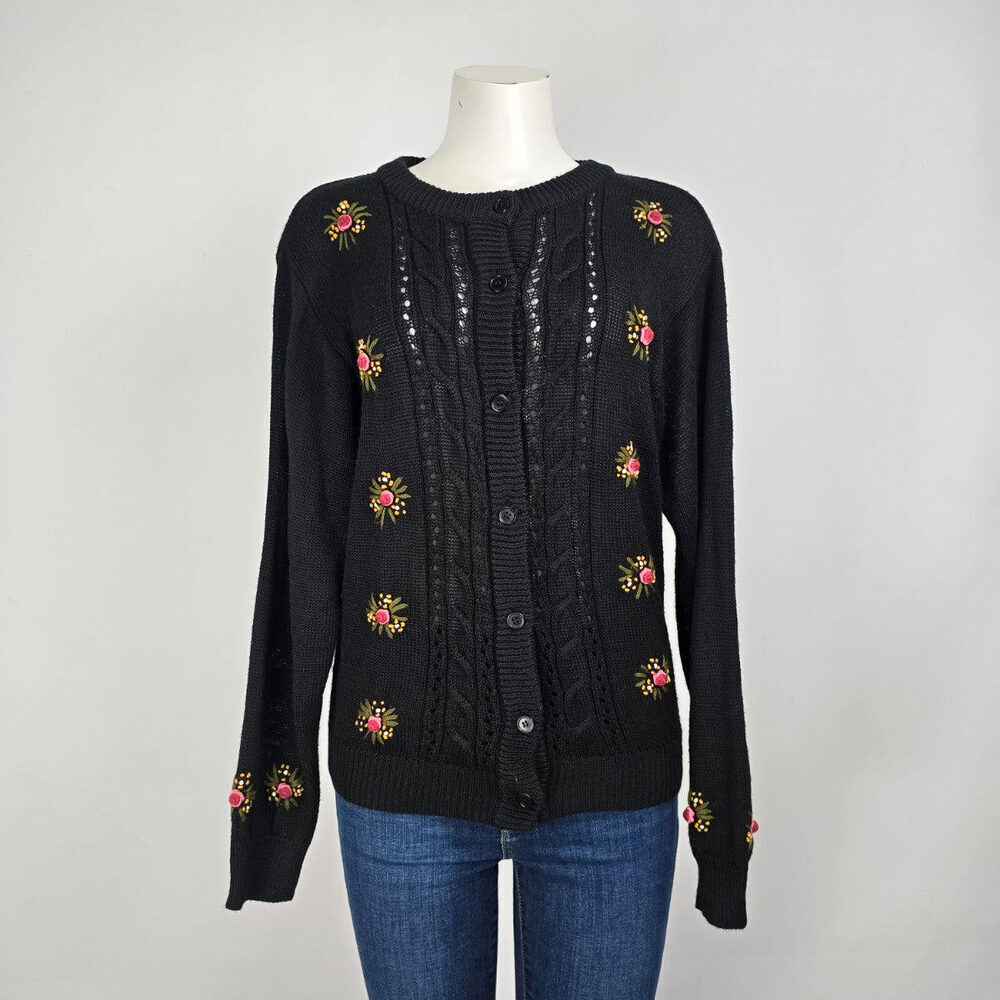 Vintage Fair Set Black Floral Button Up Cardigan Size S